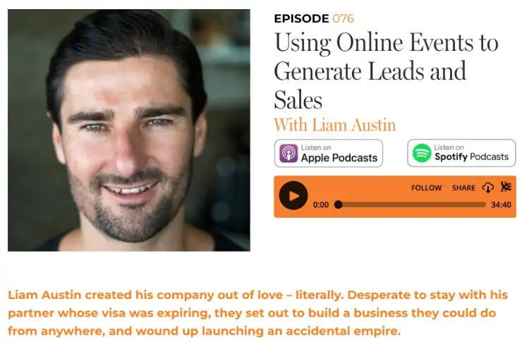 Podcast cover featuring Liam Austin discussing episode content on using online events to generate leads and sales