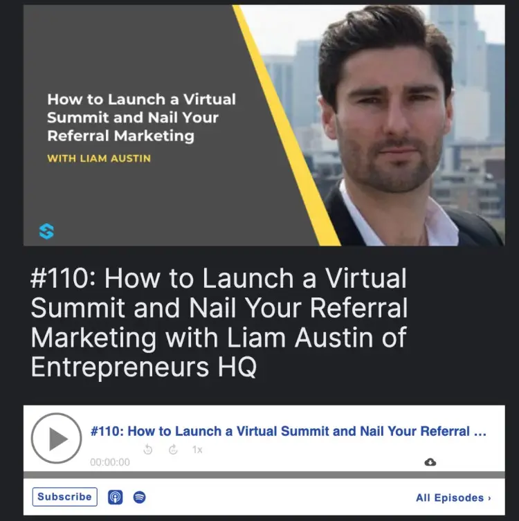 Podcast cover featuring Liam Austin discussing how to launch a virtual summit and nail referral marketing in episode number 110