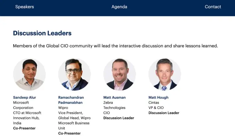 Lineup of four panelists from Microsoft, Wipro, Zebra Technologies, and Cintas featured as discussion leaders for a Global CIO event.