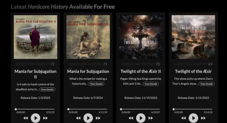 Screenshot of Hardcore History podcast episodes showing Dan Carlin's storytelling style as a leading example of the solo podcast format with in-depth historical content.