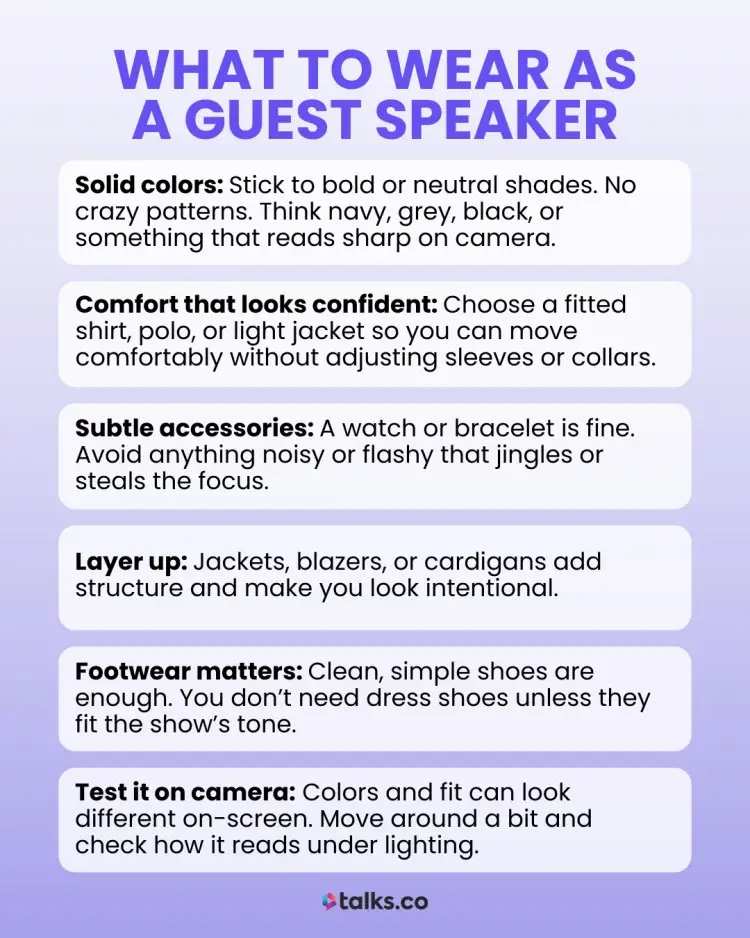 Helpful infographic outlining what to wear as a guest speaker, including tips on solid colors, confidence, subtle accessories, layering, footwear, and testing on camera.