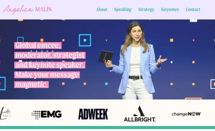 Angelica Malin speaking on stage as a global emcee, strategist, and keynote speaker, showcasing her expertise in hosting a panel discussion.