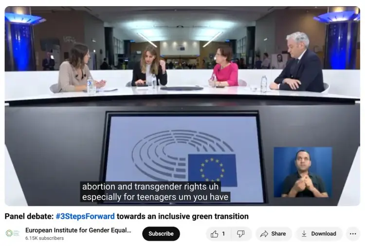 Panel event at the European Parliament discussing gender equality, abortion, transgender rights, and the inclusive green transition.