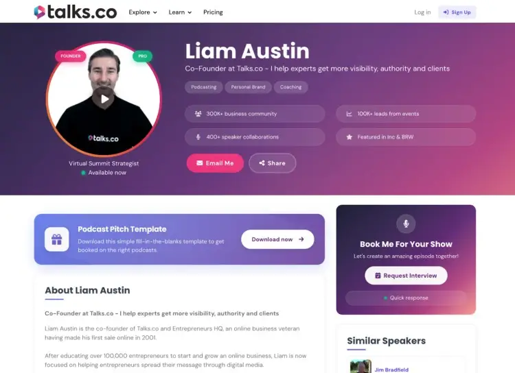 Liam Austin interviewee speaker profile on Talks.co platform showing his expertise in coaching, and personal branding.