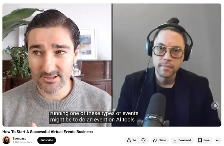 Liam Austin speaking in an interview about building an ai-powered virtual events business with another host wearing headphones and using a microphone