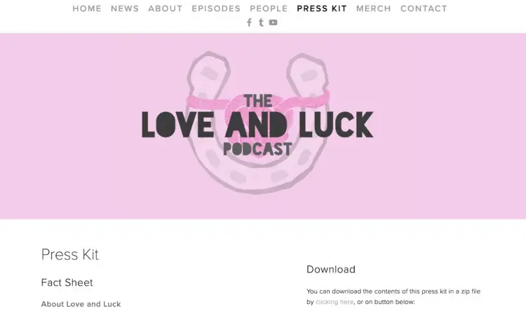 Love and Luck podcast digital media press kit with pink horseshoe logo