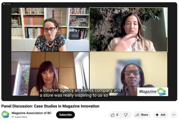 Panel discussion on case studies in magazine innovation featuring four speakers engaged in a meaningful discussion.