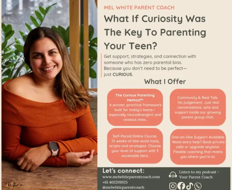 A4 page size parent coaching flyer featuring Mel White Parent Coach with details about the Curious Parenting Method, community support, self-paced online course, and one-on-one coaching.