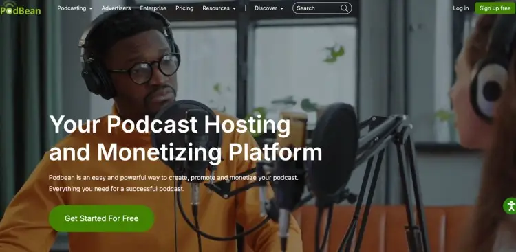 Podbean platform showing podcasters recording in a studio, designed to help you host, grow, and monetize your podcast effectively.