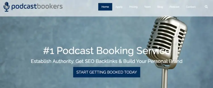 Homepage banner of Podcast Bookers showing a vintage microphone and text promoting their podcast booking service, helping experts and entrepreneurs get featured on shows.
