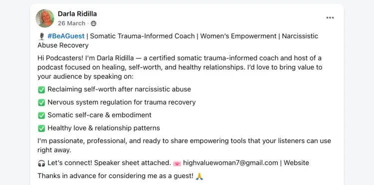 Facebook post by Darla Ridilla showcasing a podcast guest pitch highlighting her expertise and topics she can offer to relevant podcasts.