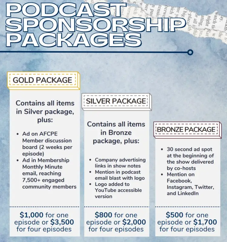 Podcast sponsorship packages designed to attract sponsors with gold, silver, and bronze advertising options