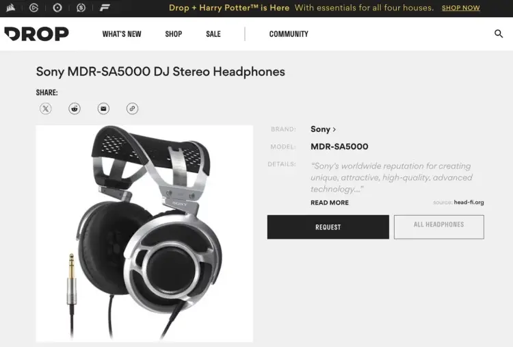 Sony MDR-SA5000 DJ stereo headphones product listing, showing a large over-ear design that is well-suited for DJs and professional audio use.