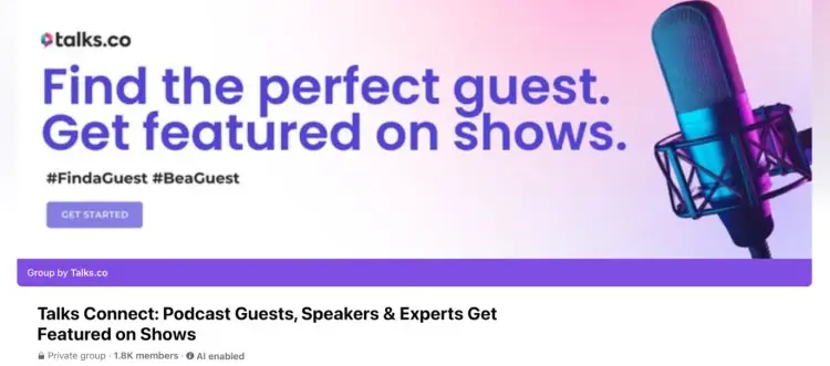 Promotional banner for Talks Connect, a group that helps podcasters find the perfect guests and get featured on shows.