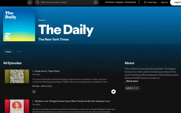 Screenshot of The Daily podcast by The New York Times on Spotify, showcasing a news-focused type of content with daily stories and in-depth reporting.