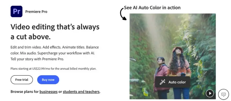 Adobe Premiere Pro showcasing AI auto color and video editing features, representing pro tools like Adobe used for advanced editing workflows.