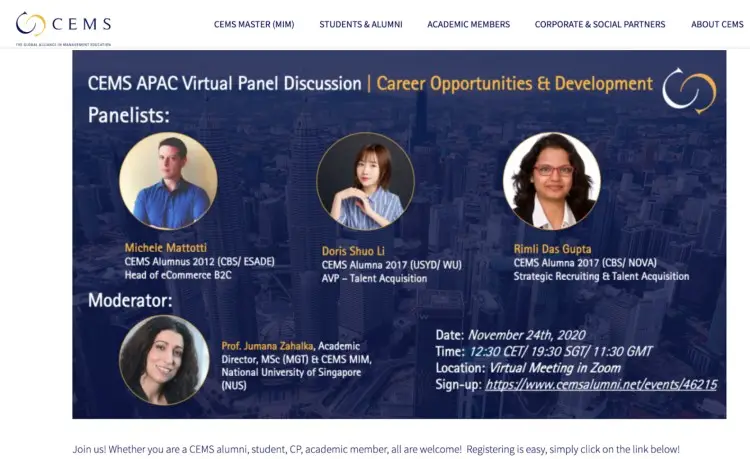 Virtual panel discussion hosted by CEMS featuring three panelists and one moderator discussing career opportunities and development.