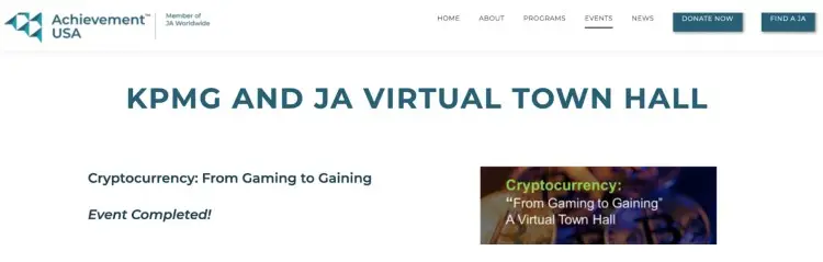 Screenshot of the KPMG and JA virtual town hall titled "Cryptocurrency: From Gaming to Gaining" hosted by Achievement USA.