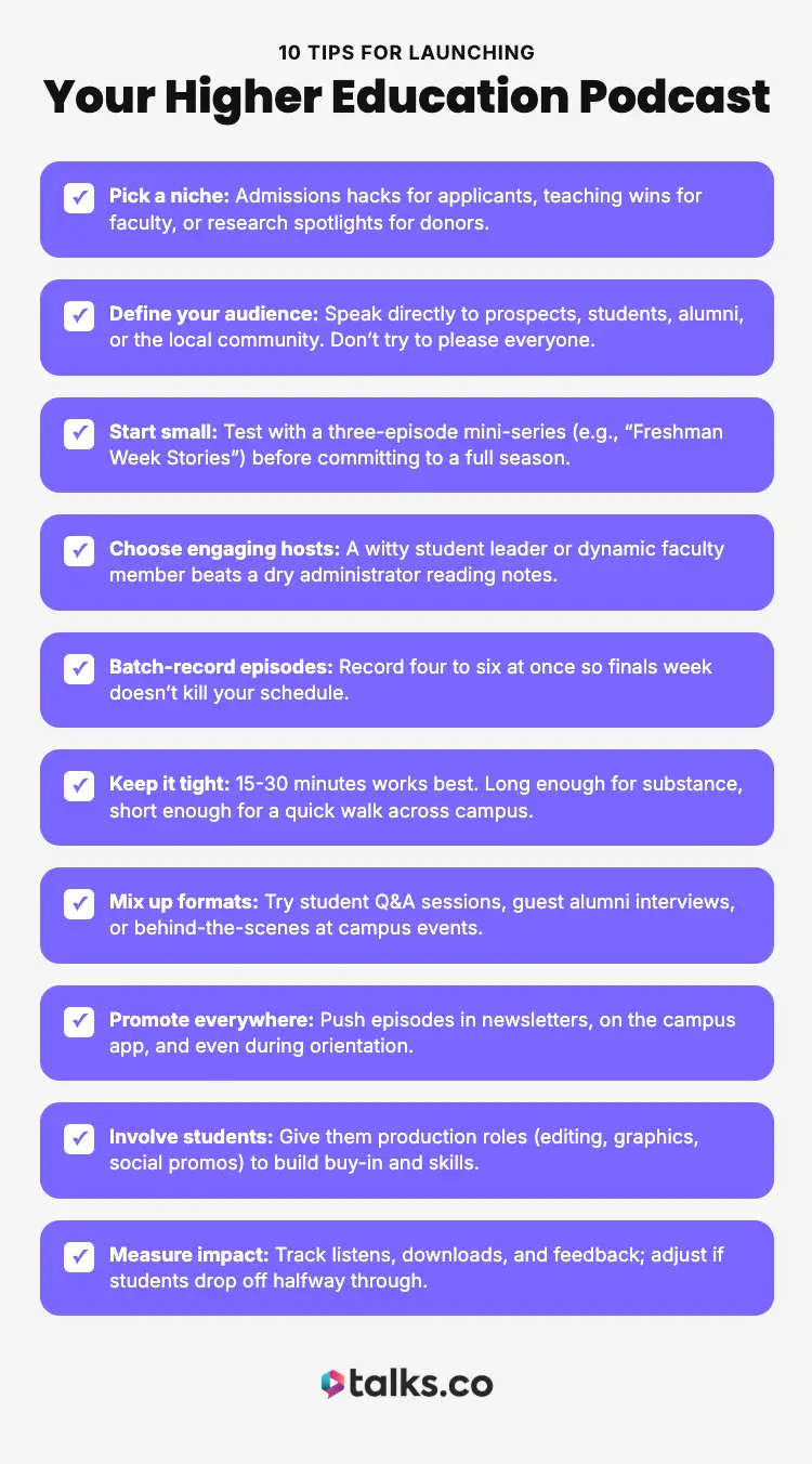 Checklist infographic showing 10 tips to start podcasting for higher education, including niche selection, audience definition, choosing hosts, batch recording, promotion, and measuring impact.