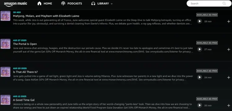 Screenshot of Amazon Music showing a list of podcast interviews including episodes like “Mahjong, Molars, and Mayhem,” “The Portal is Open,” and “A Good Time Gal,” with descriptions and durations.