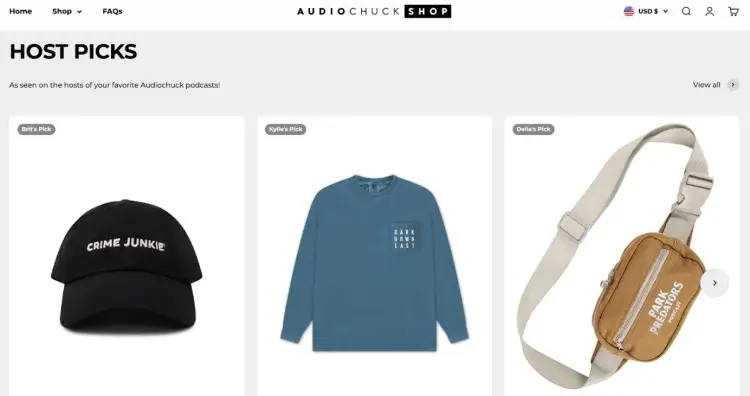 Screenshot of the AudioChuck Shop host picks section that allows podcasters to offer branded merchandise like hats, shirts, and bags to their fans.