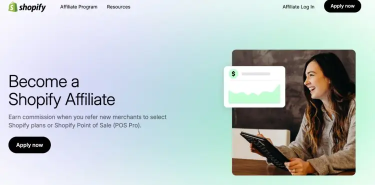 Screenshot of Shopify page inviting users to become an affiliate and earn commissions for referring new merchants to Shopify plans or POS Pro.