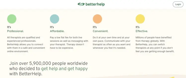 Screenshot of BetterHelp’s homepage showing how the platform helps users improve their life through professional, affordable, convenient, and effective online therapy.
