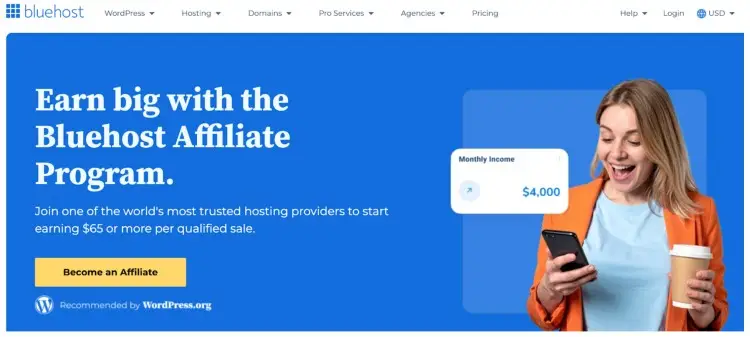 Screenshot of Bluehost affiliate marketing for podcasters page showing a woman holding a phone and coffee, promoting the Bluehost Affiliate Program with earnings of $65 or more per sale.
