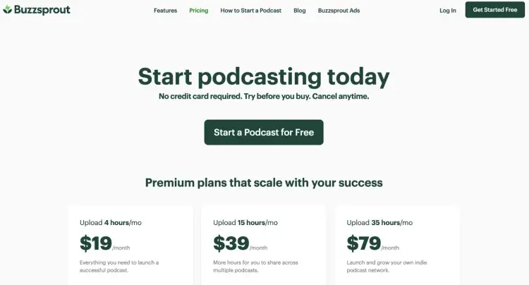 Buzzsprout pricing page showing podcast hosting and podcast distribution plans with options for uploading 4, 15, or 35 hours of audio per month.