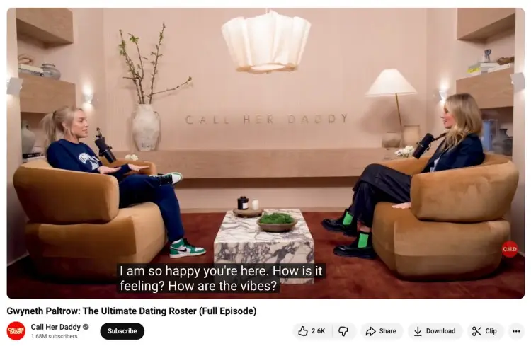 Screenshot from the Call Her Daddy podcast interview featuring two women seated in a studio, showing an example of using questions that invite deeper conversation and connection.