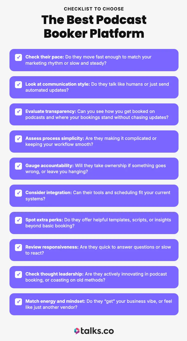 Checklist graphic that helps users find alternative podcast booker platforms by comparing communication, transparency, accountability, and workflow efficiency.