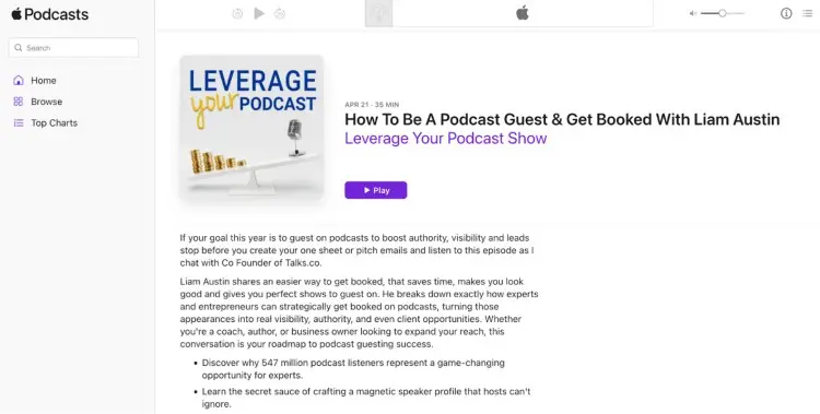 Apple Podcasts page featuring the episode How To Be A Podcast Guest & Get Booked With Liam Austin, showcasing a popular podcast about guesting and visibility strategies.