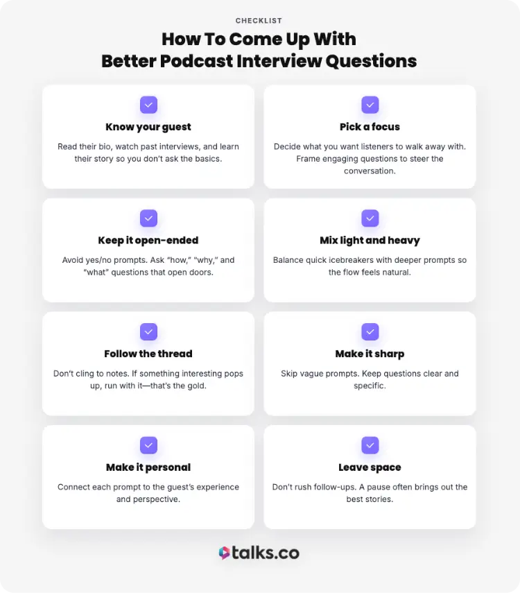 Infographic from Talks.co outlining a checklist on how to come up with better interview questions for podcasts, including tips like knowing your guest, keeping it open-ended, and making it personal.