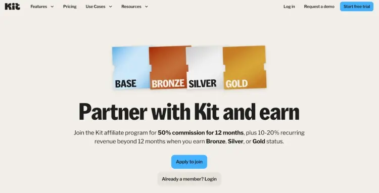 Screenshot of Kit’s successful affiliate program page showing Base, Bronze, Silver, and Gold commission tiers with 50% commission for 12 months and recurring revenue rewards.
