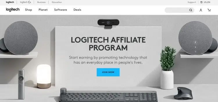 Screenshot of Logitech Affiliate Program page showing how affiliates to make commissions by promoting everyday technology products like webcams, keyboards, and speakers.