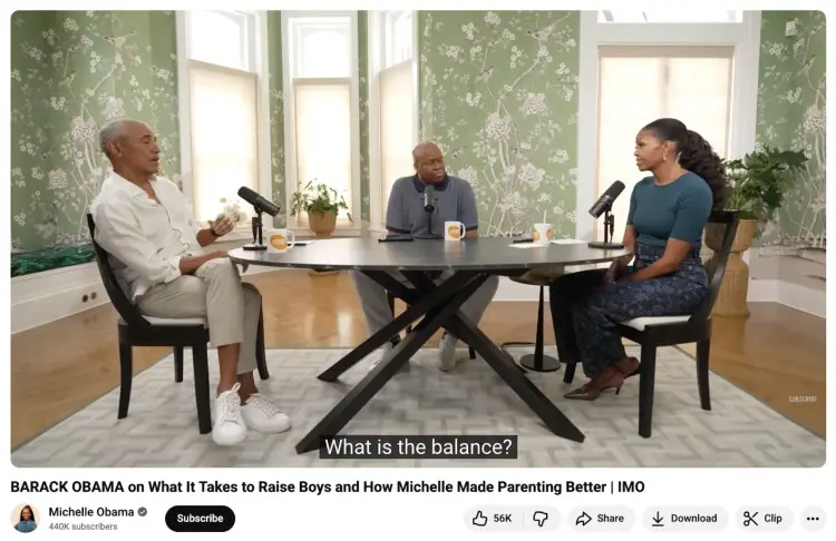 Screenshot from Michelle Obama’s podcast featuring Barack Obama and guests in discussion, demonstrating how to ask great questions about parenting, balance, and personal growth.