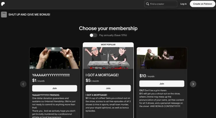 Screenshot of Patreon membership tiers showing how the platform allows you to earn monthly income from podcast supporters through different subscription levels.