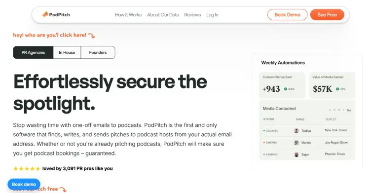 Screenshot of the PodPitch homepage showcasing its service for helping users secure guest appearances on podcasts through automated pitching and media outreach tools.