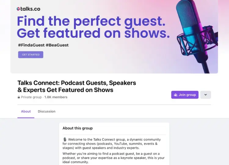 Screenshot of the Talks Connect Facebook group page showing how podcast guests, speakers, and affiliates to make new show connections and collaborations