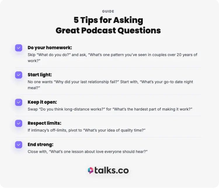 Infographic from Talks.co listing five tips for asking meaningful podcast questions that create engaging and thoughtful interviews.