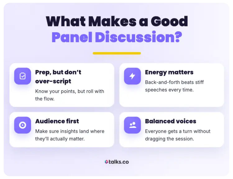Infographic explaining four key elements for creating a successful panel discussion, including preparation, energy, audience focus, and balanced voices.