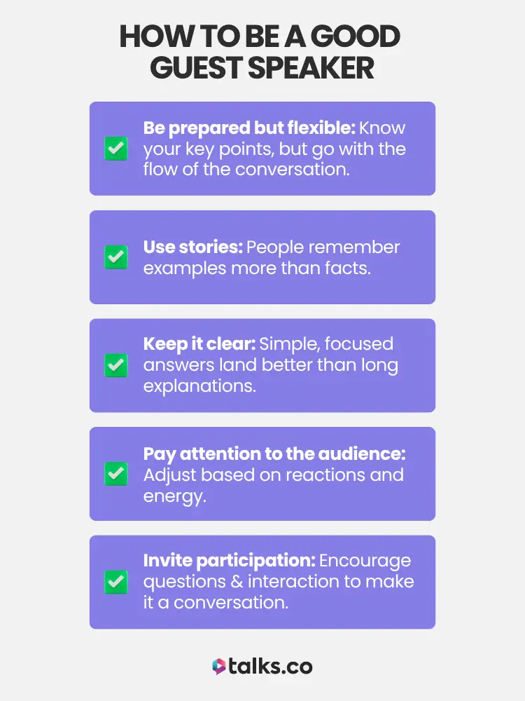 Infographic with five tips on how to be a good potential guest, including preparation, storytelling, clarity, audience awareness, and participation