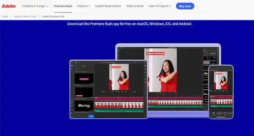 Adobe Premiere Rush shown on laptop, tablet, and phone screens with a vertical editing timeline, demonstrating how the app can help you make your video quickly across different devices.