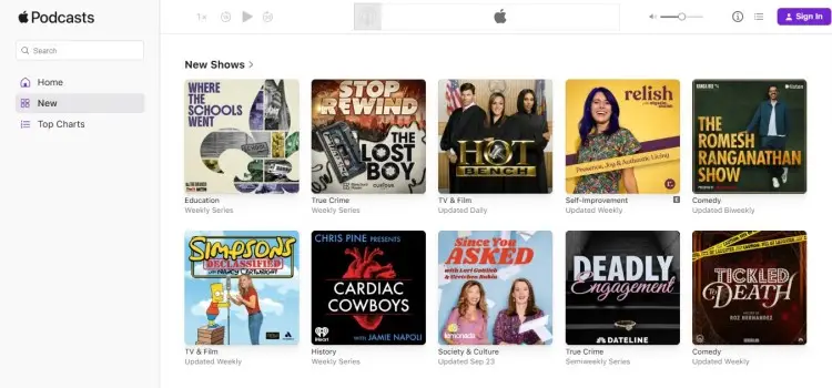 Screenshot of new shows featured in the Apple Podcasts directory, highlighting various genres and demonstrating how users browse apple podcasts for fresh content.