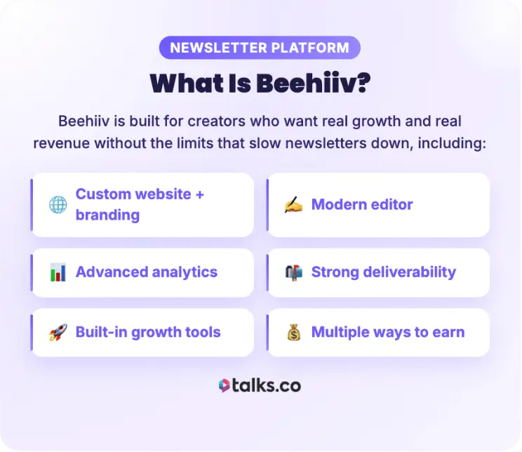 Graphic explaining what beehiiv provides, including custom website, branding tools, analytics, editor, deliverability, and ways to earn