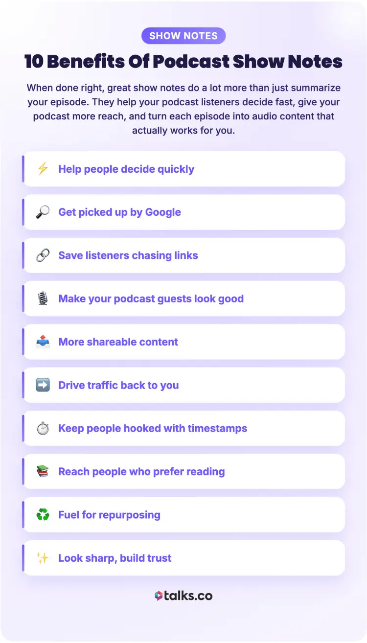 Infographic explaining the top benefits of podcast show notes for podcasting, including improved listener experience, higher shareability, and better SEO visibility.