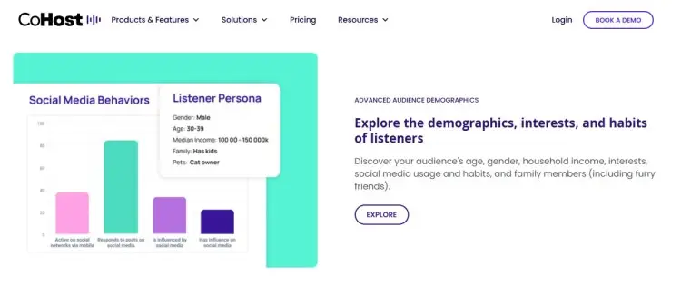 Dashboard showing social media behavior graphs and a listener persona card, illustrating how CoHost provides detailed podcast listener stats including demographics, interests, and online habits.
