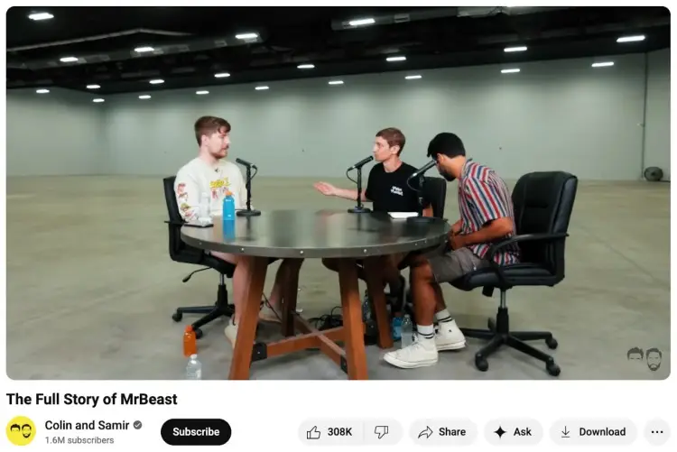 Colin, Samir, and MrBeast recording a podcast at a round table inside a large empty studio with a distraction-free background.