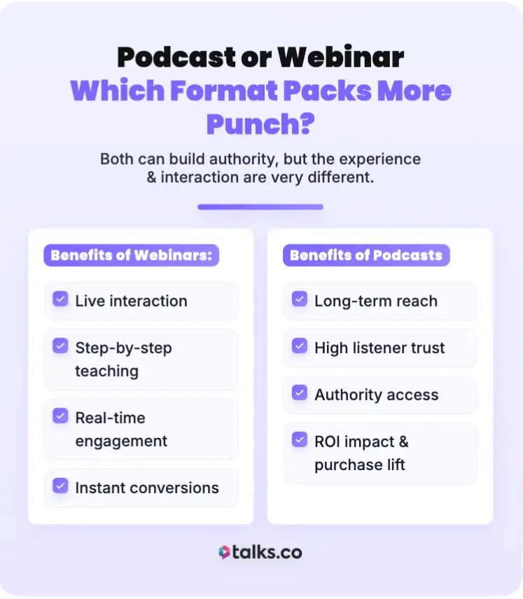 Infographic comparing the benefits of a podcast and a webinar, showing differences in authority building, engagement, and conversion potential.