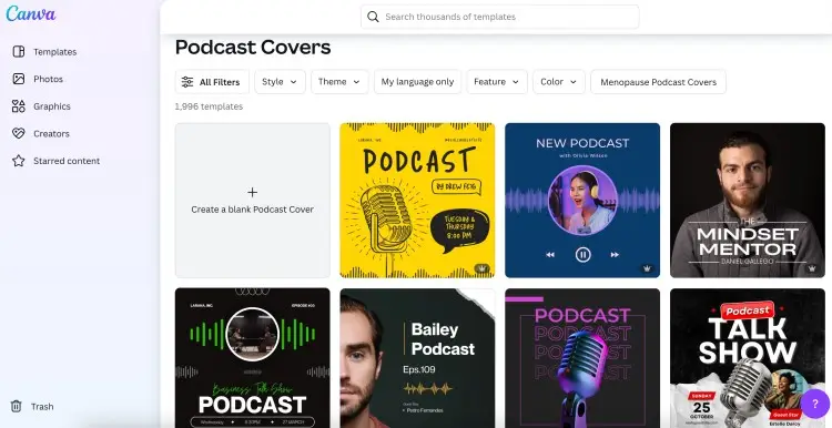 Canva dashboard showing multiple podcast cover templates to help creators create a podcast with professional artwork.